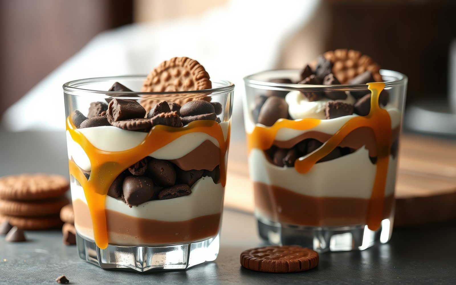 Two layered desserts with chocolate, whipped cream, caramel, and cookies in glass cups on a gray surface